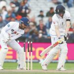 ENGLAND batter Harry Brook is cleaned up by Sri Lankan spinner Prabath Jayasuria as wicket-keeper Dinesh Chandimal reacts during the first Test at Old Trafford on Thursday.—Reuters